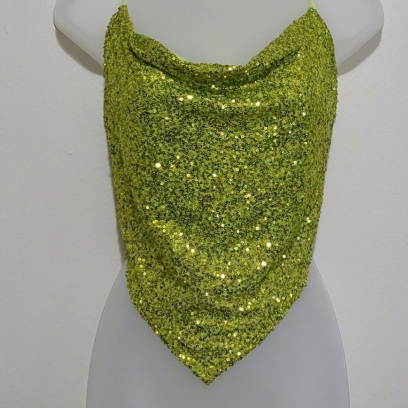 Boutique Women's Chartreuse Sequined Halter Cowl Neck Backless Asymetrical Top - Picture 1 of 9